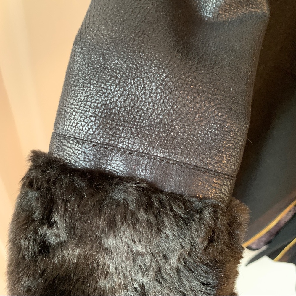 Black faux fur asymmetric moto jacket style wool winter coat overcoat - Picture 6 of 11